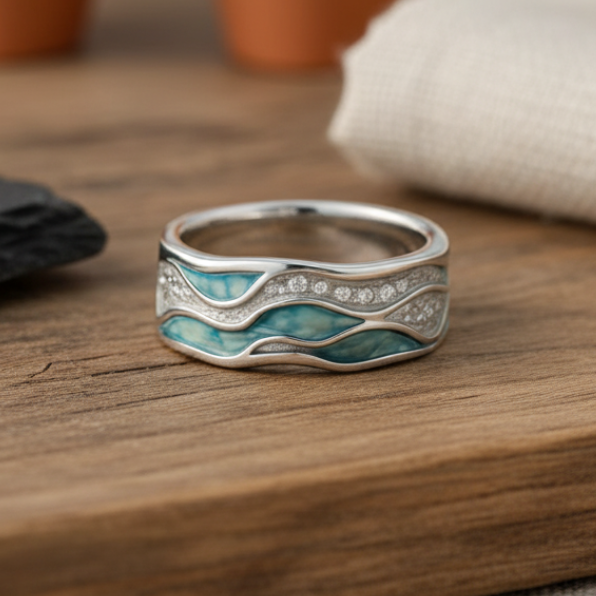 Elegant turkos silvervågsring