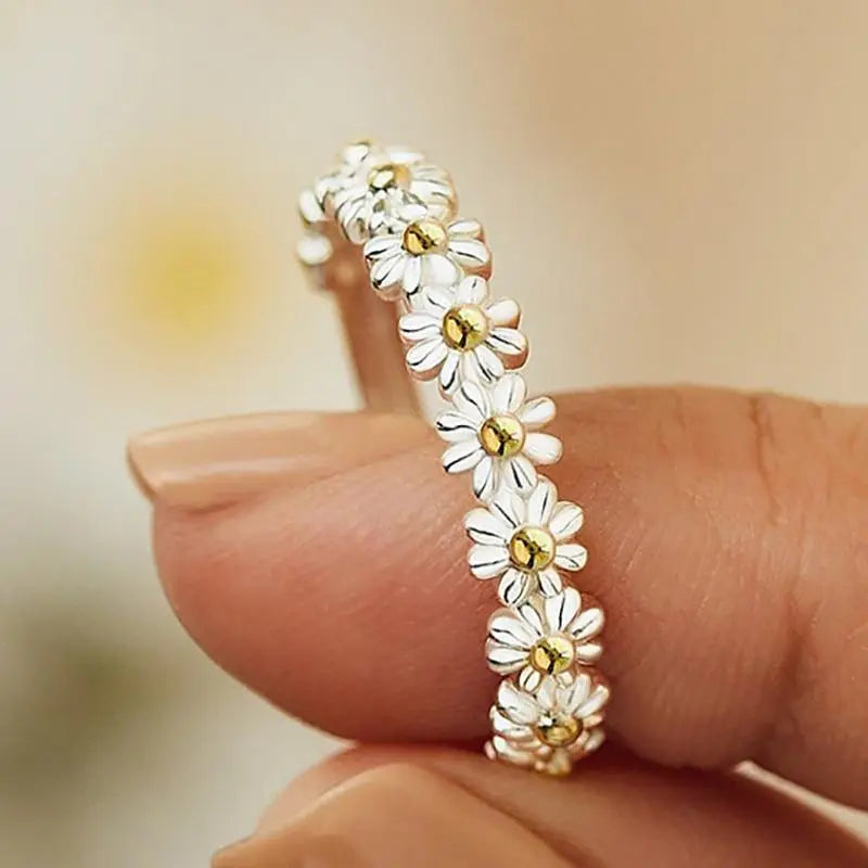 Silver Daisy Ring with Hand-Painted Enamel